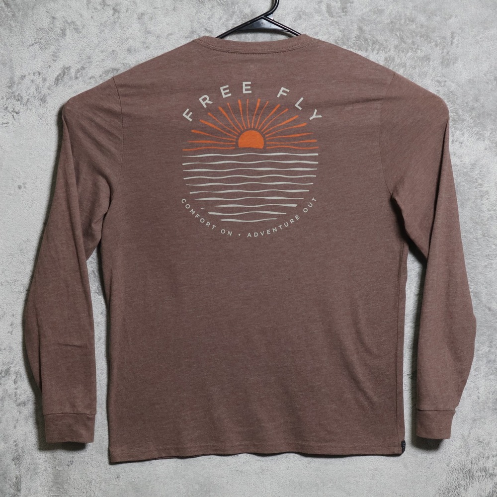 Free Fly T-Shirt Mens Medium Brown Long Sleeve Graphic Sunset Adventure Outdoor